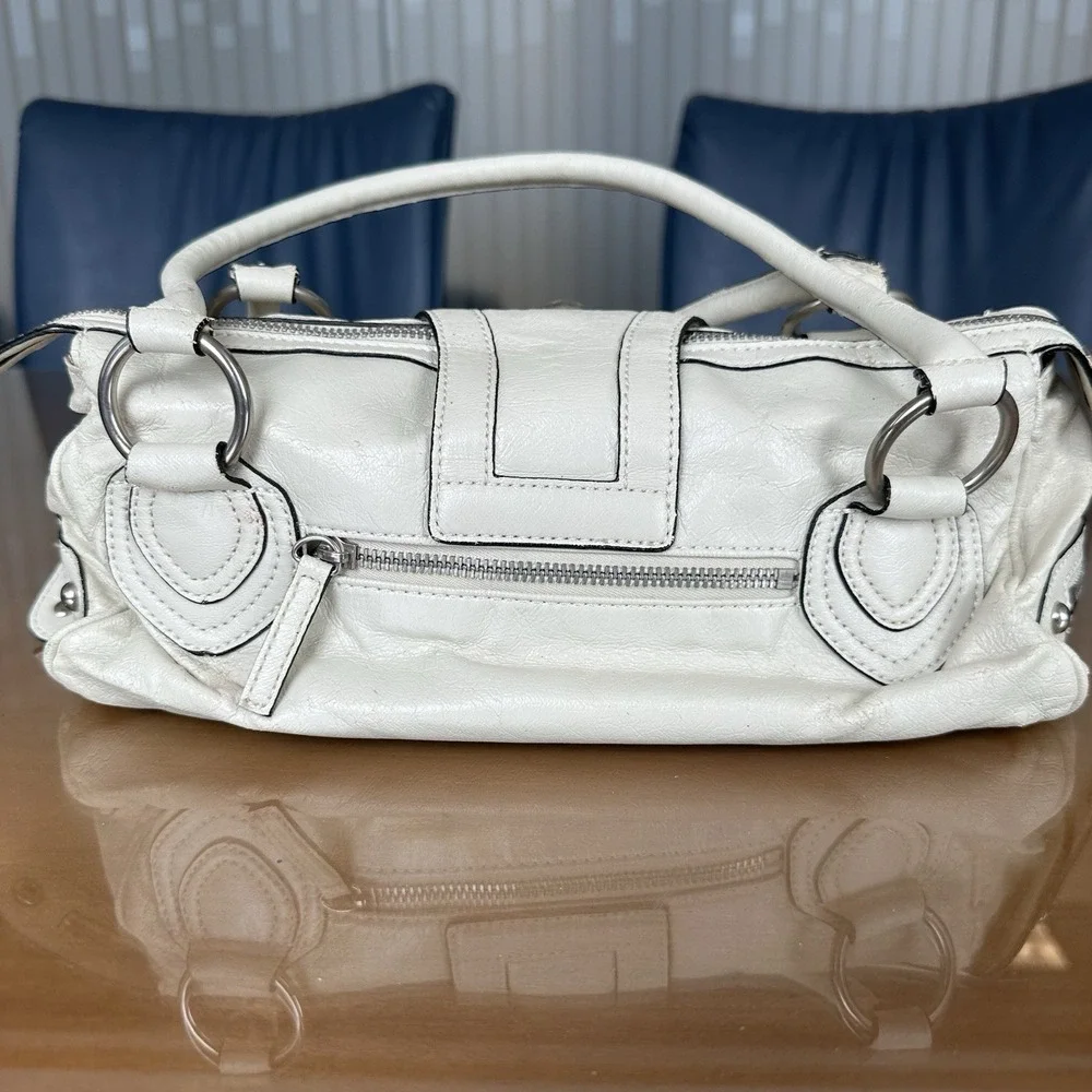 G By‎ Guess Cream Handbag Vintage Y2k Buckle Detail Studded Satchel Silver *New*